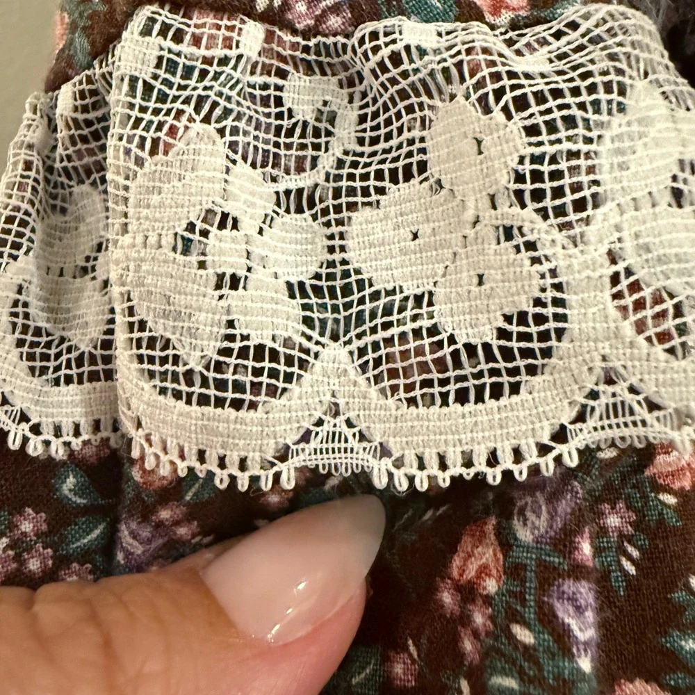 Vintage Jessica's Gunnies Skirt Set M Brown Ivory Floral Lace Prairie Cottage